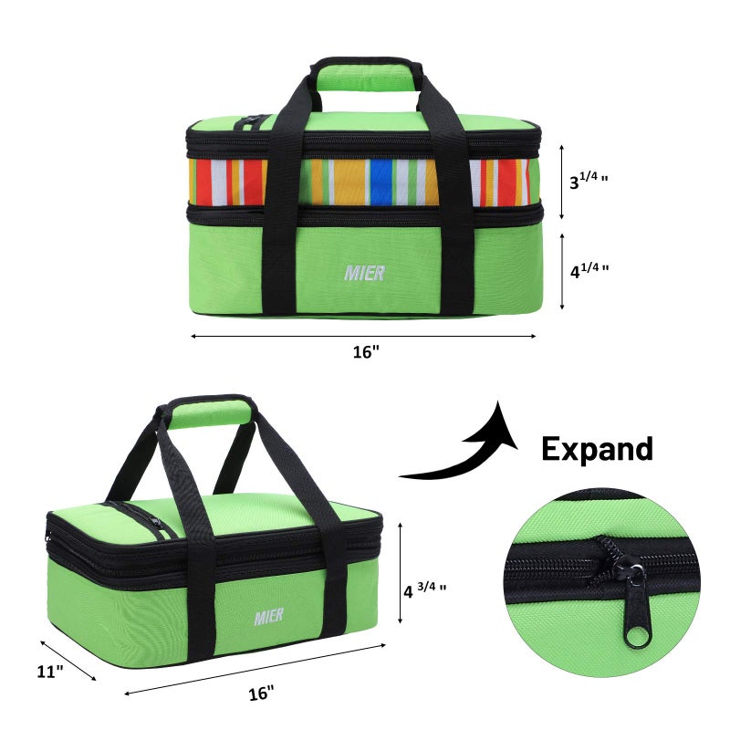 MIER Insulated Double Casserole Carrier Thermal Lunch Tote for Potluck Parties, Picnic, Beach, Fits 9 x 13 Inches Casserole Dish, Expandable by Mid Zipper, Green - Image 5